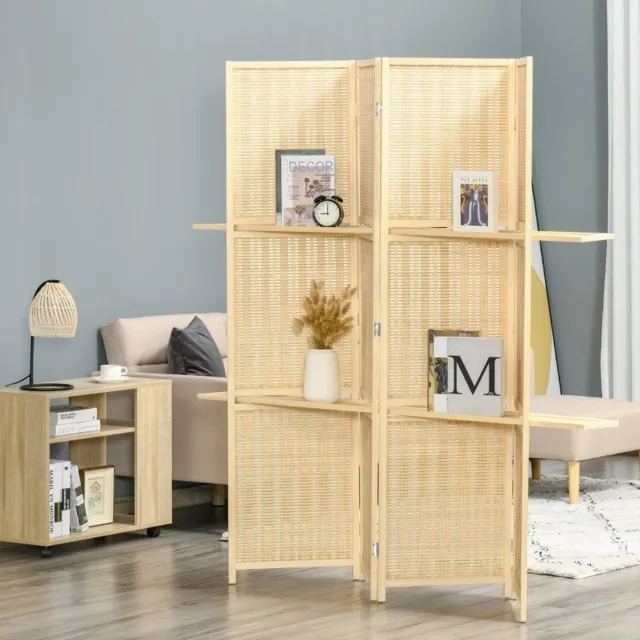MIVRAY Kamerscherm – Opvouwbaar – 180 x 1,9 x 180 cm – Bamboe En Hout – Natuurlijk Hout – Ruimteverdeler Met Legplanken – 4-Delig Naturel hout