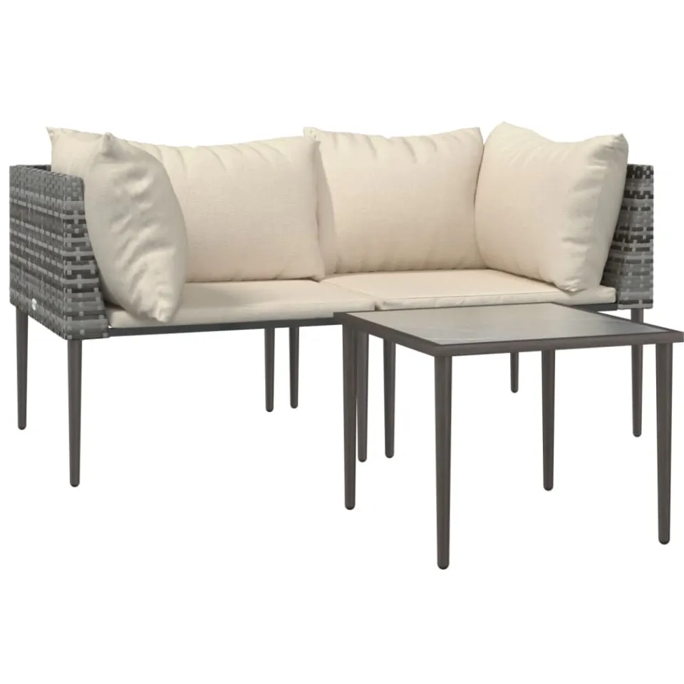 vidaXL 3-delige Loungeset met kussens poly rattan grijs