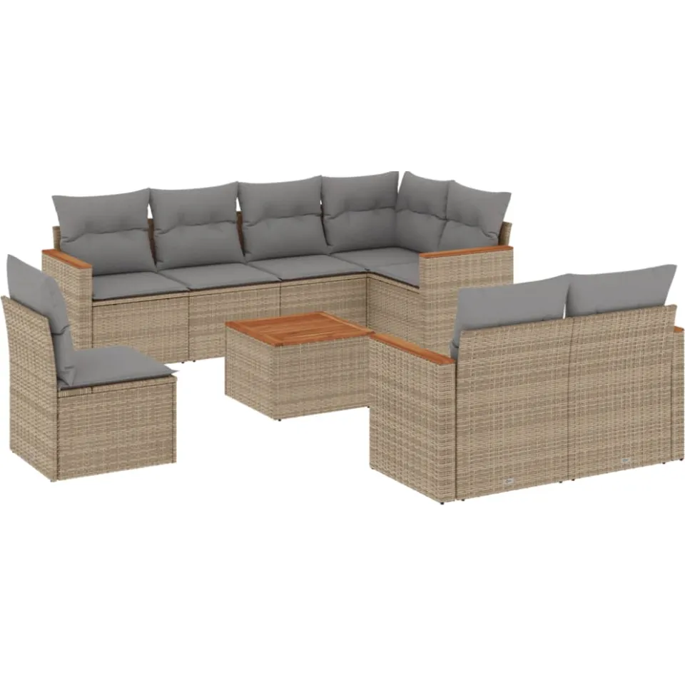 vidaXL 9-delige Loungeset met kussens poly rattan beige, foto 3
