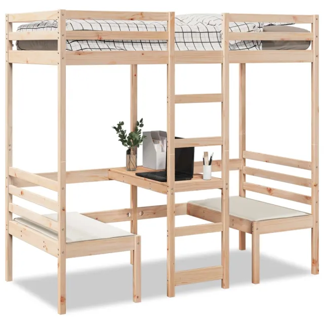 vidaXL Hoogslaper met bureau en stoelen massief grenenhout 80x200cm Bruin