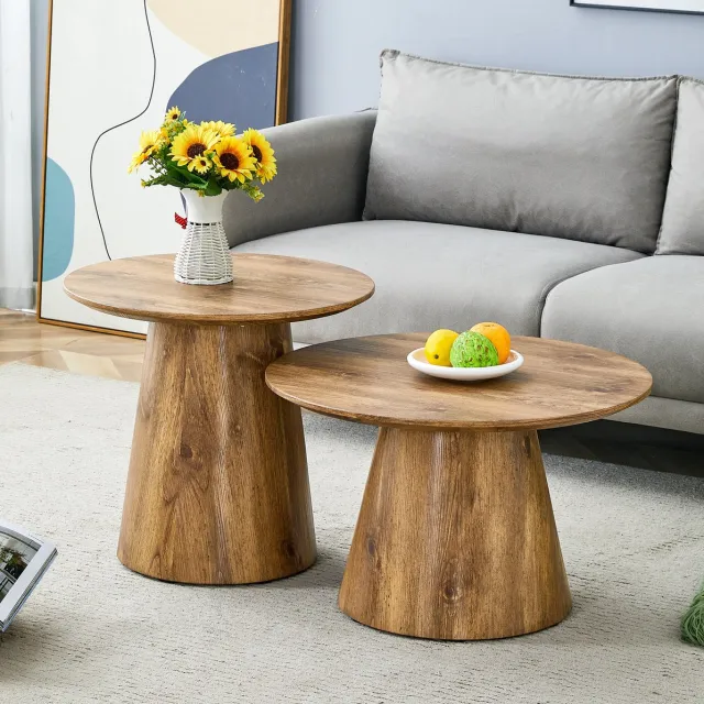 FloraGrace Bijzettafel Set Van 2 Ronde Houten Tafels Houtlook MDF Salontafel Voor Woonkamer Wood