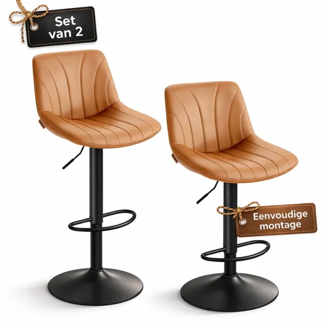 Signature Home Barkruk set van 2 – Verstelbare barkruk met rugleuning – 360° draaibaar – Barstoel – PU leer – Karamelbruin camel bruin - zwart