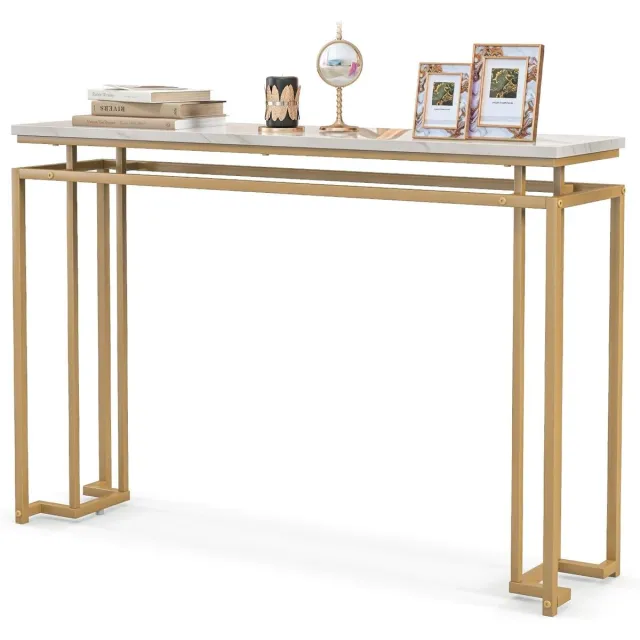 Costway Consoletafel, marmerlook, haltafel, smal, bijzettafel met metalen frame, entreetafel voor entree, woonkamer, hal, 120 x 30 x 80,5 cm, goud, VH33424ITDE Wit