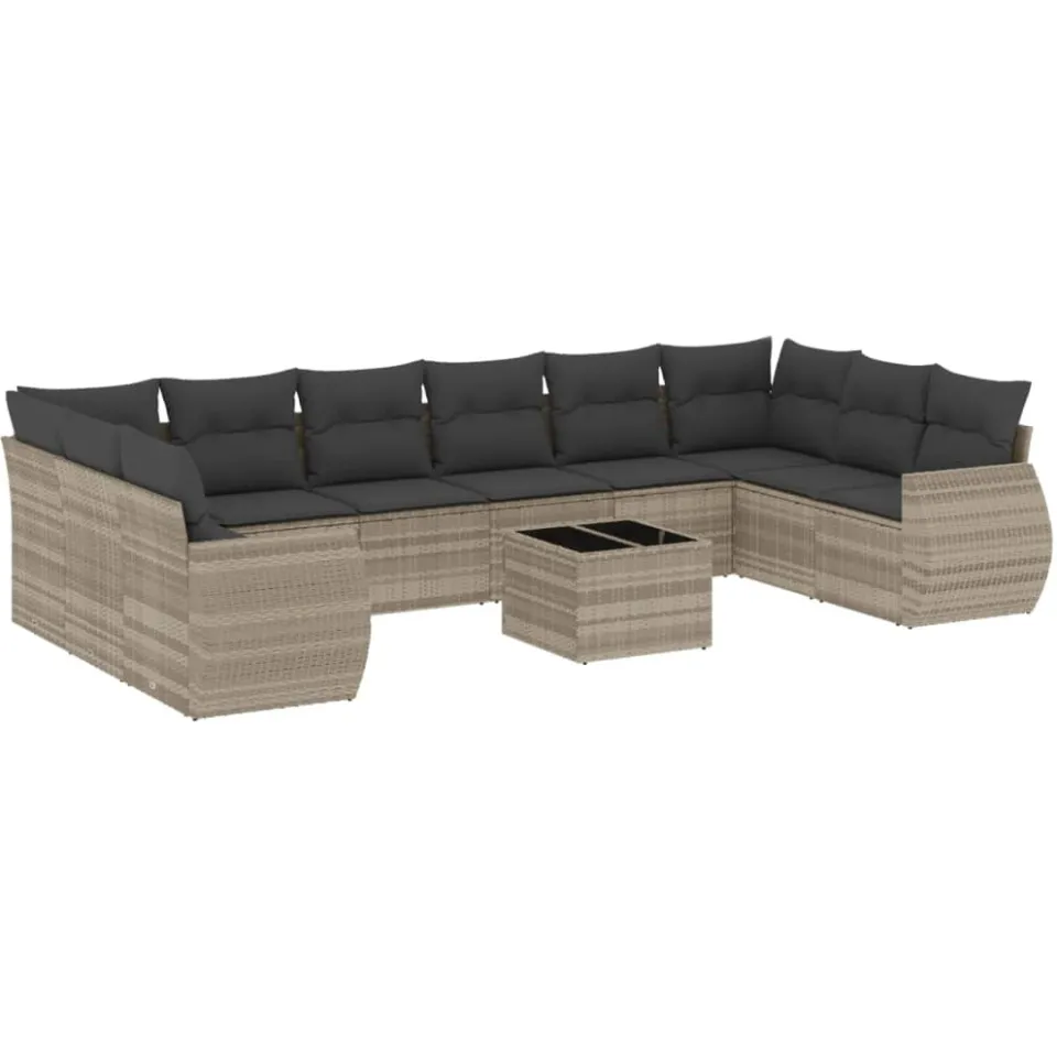 vidaXL 11-delige Loungeset met kussens poly rattan lichtgrijs