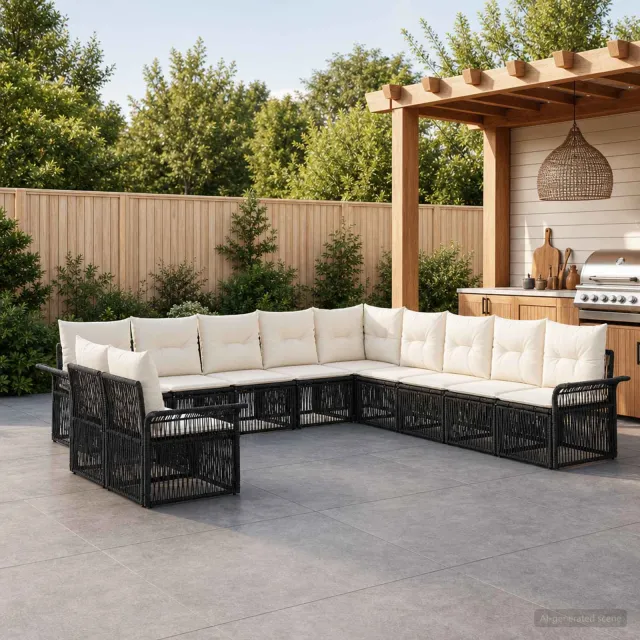 vidaXL Tuinbankenset 11 st 11-zits Zwart poly rattan, foto 2