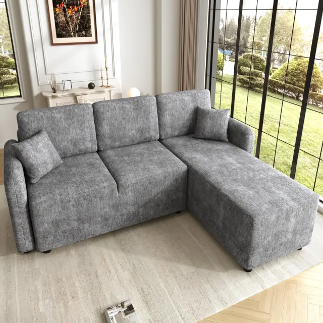 STILVORA Hoekbank 3-Zits - L-Vorm Met Lang Liggedeelte 144 Cm - Comfortabel Met 2 Kussens - Voor Woonkamer En Studentenwoning - Chenille Grijs