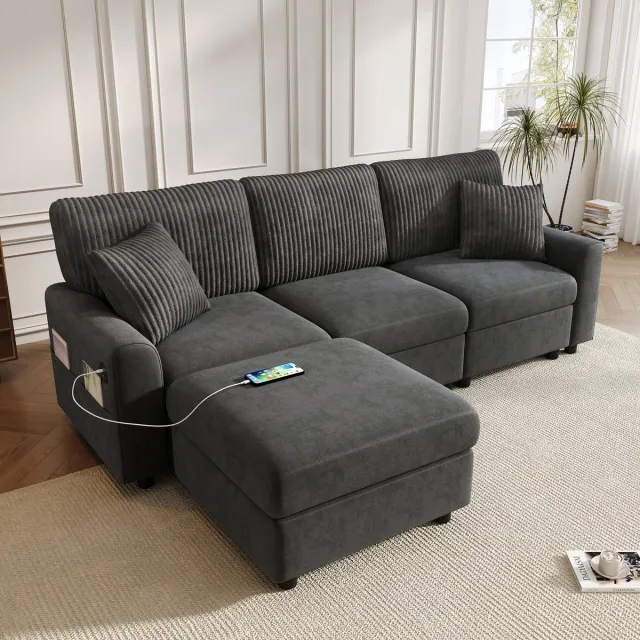 OKWISH Hoekbank 223 x 146 cm - Met Voetenbank, Kussens En Laadpoorten - Woonkamer - Chenille En Ribstof - Zwart