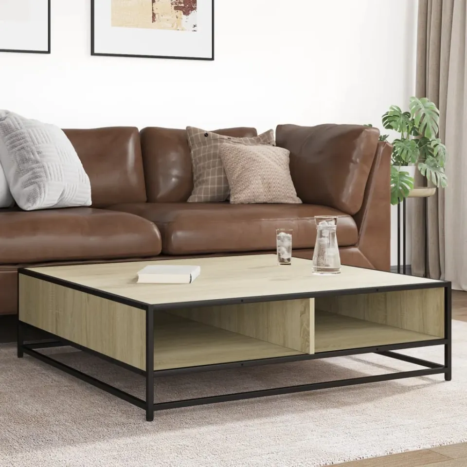 vidaXL Salontafel 100x100x30 cm bewerkt hout en metaal sonoma eiken, foto 3