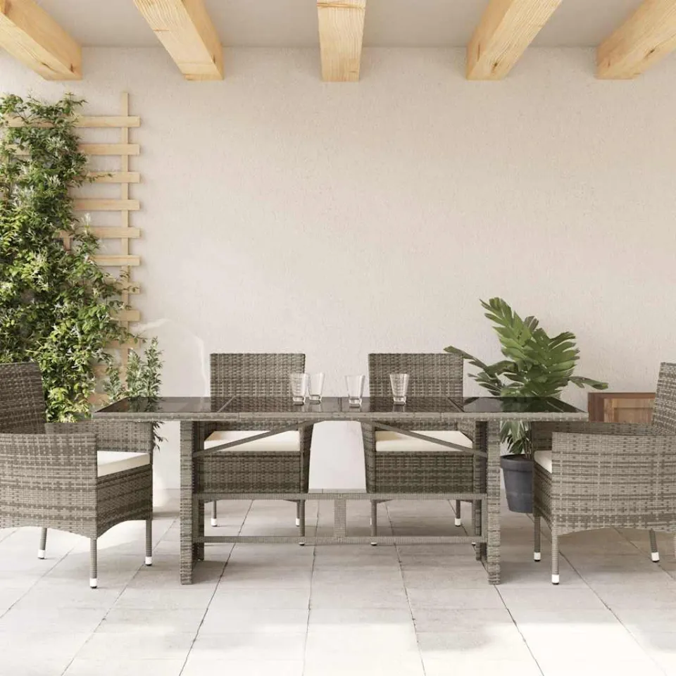 vidaXL Tuintafel met glazen blad 190x80x75 cm poly rattan grijs, foto 3