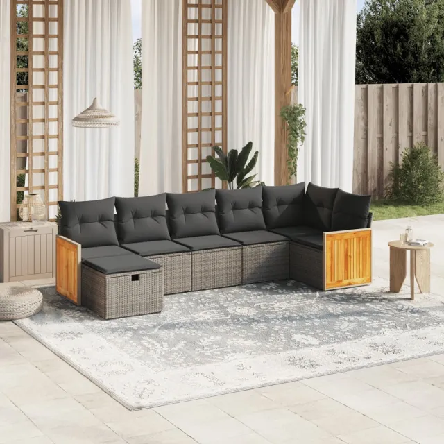 vidaXL 7-delige Loungeset met kussens poly rattan grijs, foto 2