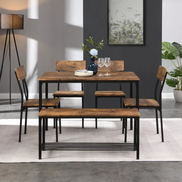 OKWISH Eettafelset – 1 Tafel + 4 Stoelen + 1 Bank – Industrieel Design Met Zwarte Stalen Accenten – Bruin MDF Met PVC-Fineer – Stalen Frame – Draagkracht Tafel 60 kg