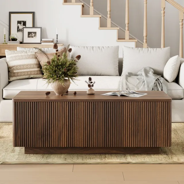 FABATO Lift-salontafel 106 cm-Met grote verborgen opbergruimte-Rechthoekig fluted-design met afgeronde hoeken-Opklapbaar-Mid-century modern-Notenhout kleur