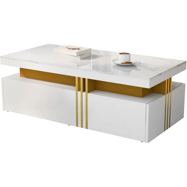 Merax Salontafel met Hoogglans Marmerlook – 100x50x40 cm – Moderne Rechthoekige Tafel met 2 Houten Lades – Witte Bijzettafel met Gouden Rand