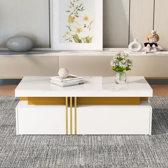 Wishdor modern rechthoekige salontafel hoogglans marmerprint met 2 houten lades, metalen gouden rand, wit 100×50×40 cm