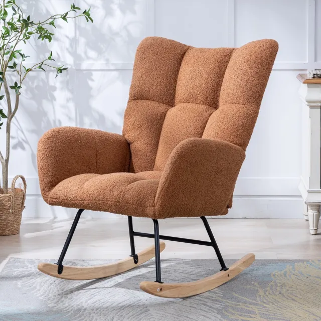 COVREO Schommelstoel fauteuil 65x77x90 cm bruin pluche stof met armleuningen en houten onderstel Brown