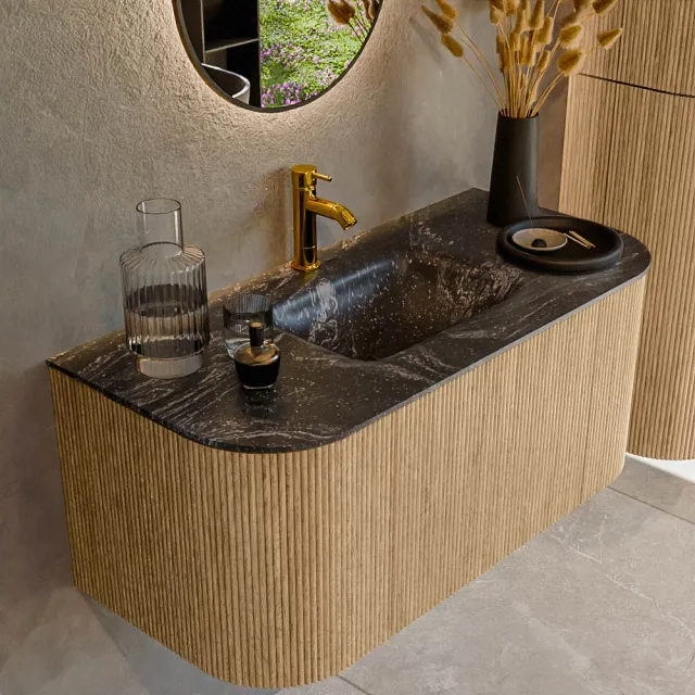 Mondiaz KURVE-DLUX 100 cm Onderkast Greeploos 1 Lade Met Deuren Oak, Wastafel Solid Surface MIdden Lava 1 Kraangat Zonder Spiegel (KRVGRU100L+R1L2D1KM-Oak/Lav)