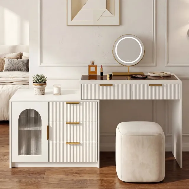 DESMIU Kaptafel – Uitschuifbaar Met Led Spiegel En Glasblad – 75 Cm Hoog, 90 Tot 160 Cm – Mdf – Wit – Modern Met Opbergruimte
