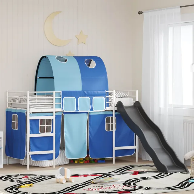 vidaXL Bunkbed voor kinderen met gordijnen Wit en Blauw 90 x 190 cm