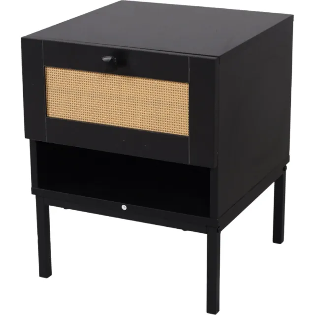 SensaHome Nachtkastje Japandi 4 Poten - Antiek met Rotan Bovenkant - 40x40x50cm- 8.7 kg - Zwart
