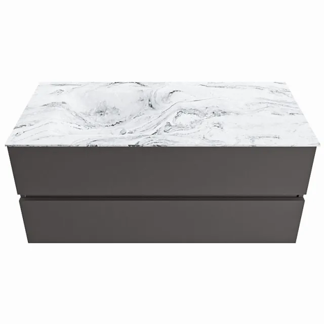 Mondiaz VICA-DLUX 110cm badmeubel onderkast Dark grey 2 lades. Inbouw wastafel CLOUD links zonder kraangat, kleur Glace.