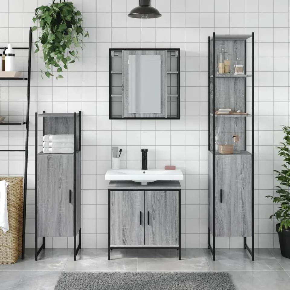 vidaXL 4-delige Badkamermeubelset bewerkt hout grijs sonoma eikenkleur, foto 2
