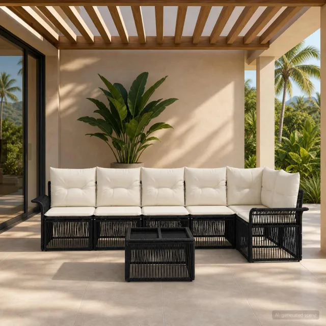 vidaXL Tuinbankenset 7 st Zwart poly rattan, foto 2