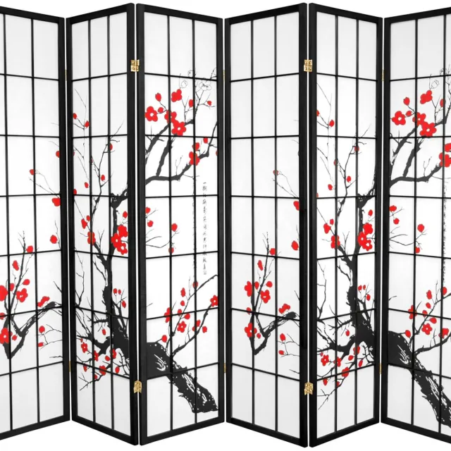 Fine Asianliving Japanse Kamerscherm B270xH180cm 6 Panelen Shoji Rijstpapier Zwart - Sakura