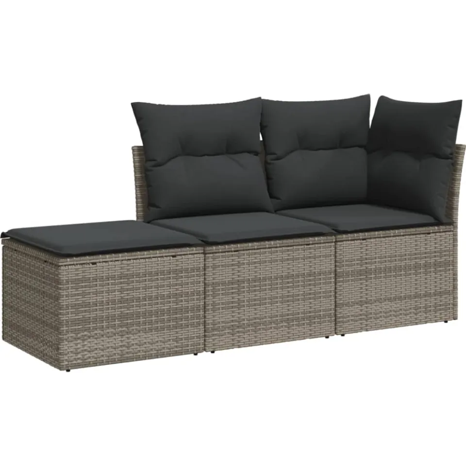 vidaXL 3-delige Loungeset met kussens poly rattan grijs, foto 3