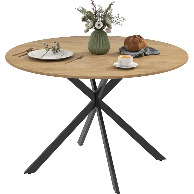 Lunpog Ronde eettafel voor 4 personen — Keukentafel — 120 cm — Industriële stijl — Met tafelblad in houtlook en kruisvormige stalen poten in eikenkleur Chêne