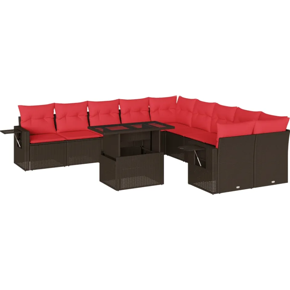vidaXL 11-delige tuinbankset met kussens, bruin polyrotan