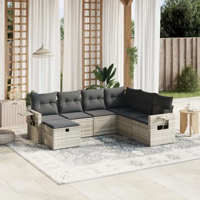 vidaXL 7-delige Loungeset met kussens poly rattan lichtgrijs grijs, foto 2