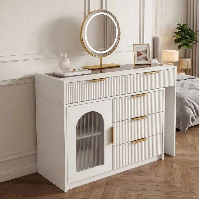HAUSS SPOLE Kaptafel - Uitschuifbaar Met Led Spiegel En Opbergruimte - Voor Slaapkamer - MDF En Glas - 90-160x40x75 Cm - Wit