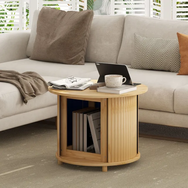 Wishdor Salontafel Ø60 x 45H cm van bamboe, rond met verborgen opbergruimte en schuifdeur, naturel hout Natuurlijk hout