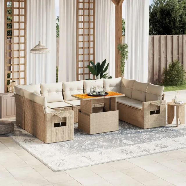 vidaXL 10-delige Loungeset met kussens poly rattan beige, foto 2