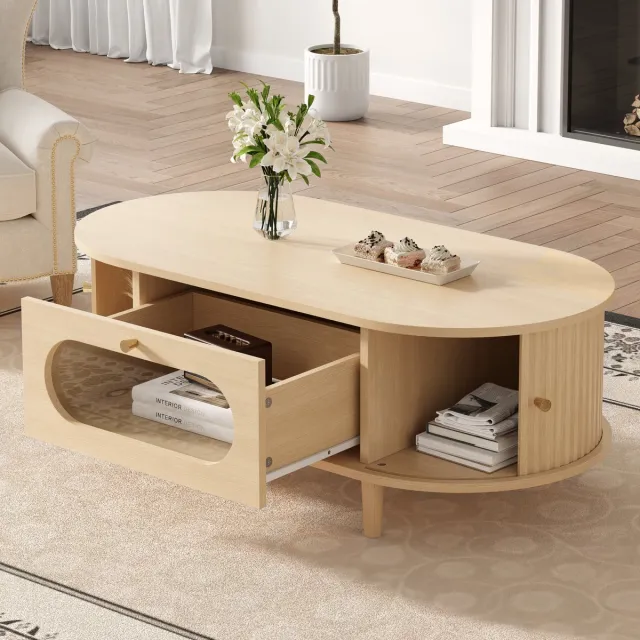 Clruro Salontafel - 100x50x36 cm - Met Lade En Roldeur - 4 Steunpoten - MDF - Houtkleur Eik