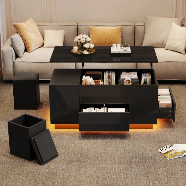 REDOM Salontafel 100x50x45 cm van spaanplaat, hoogglans, in hoogte verstelbaar met LED en opbergruimte Zwart