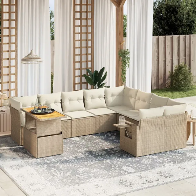 vidaXL 10-delige Loungeset met kussens poly rattan beige, foto 2