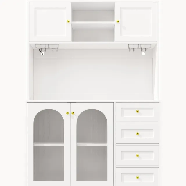 in& out door furniture Sideboard / Opbergkast / Keukenkast / Buffetkast, 120x40x188cm, Landelijke stijl, 4 deuren, met LED-verlichting & flessenhouders, Wit