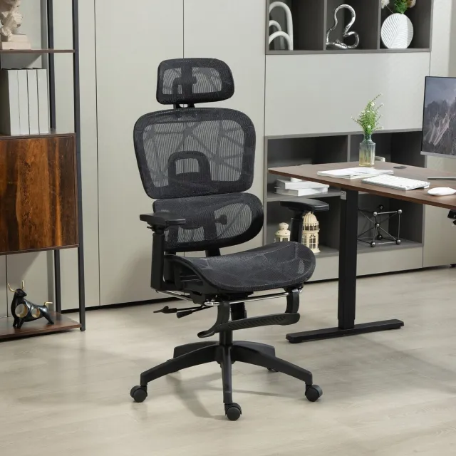 OKWISH Ergonomische Bureaustoel Met Hoofdsteun, Lendensteun En Voetsteun, Verstelbaar, Netstof, Zwart