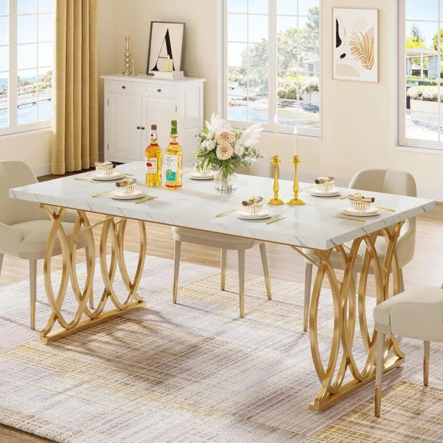 Tribesigns Eettafel - Keukentafel - 160 x 80 x 75 cm - Eetkamertafel Voor 6 Personen - met Imitatiemarmeren Tafelblad en Geometrische Poten - Modern Design - Wit en Goud
