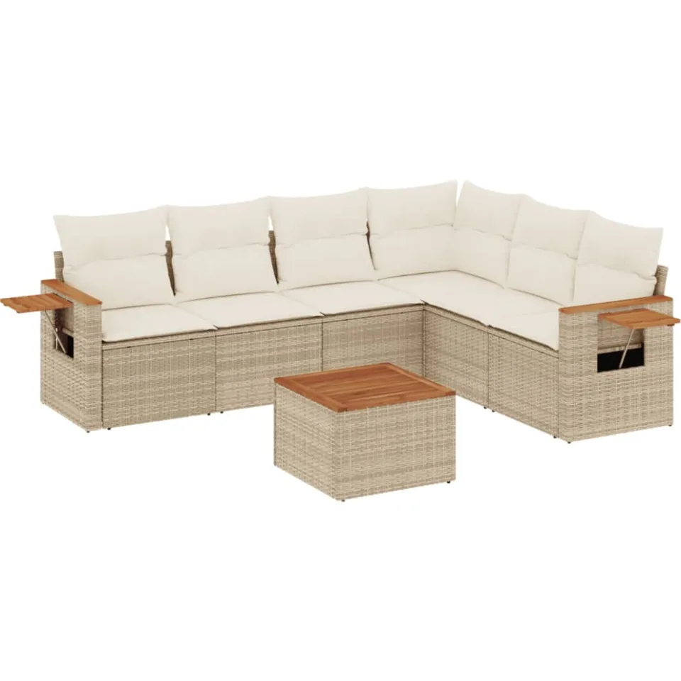 vidaXL 7-delige Loungeset met kussens poly rattan beige, foto 3