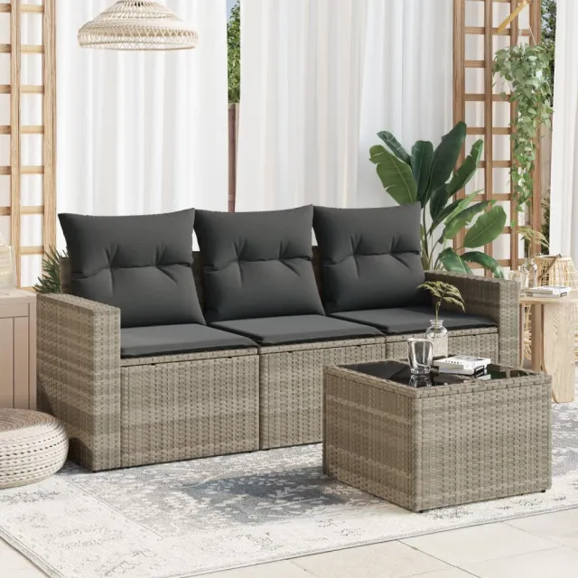 vidaXL 4-delige Loungeset met kussens poly rattan lichtgrijs grijs, foto 2
