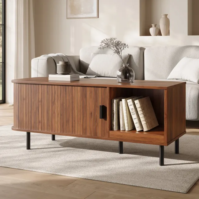 FloraGrace Salontafel Met Schuifdeur En Opbergvak Moderne Rechthoekige Woonkamertafel Van MDF Walnoot 110x40x55 Cm Walnut