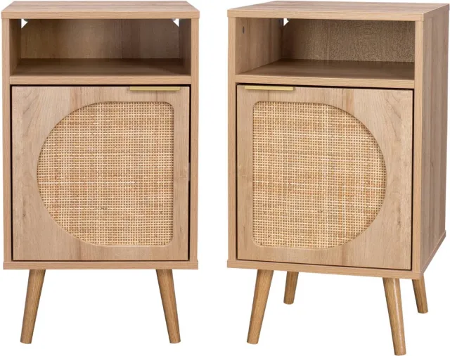 sweeek Set van 2 nachtkastjes, eva, hout- en rietmotief, l40 x b39 x h70cm Naturel