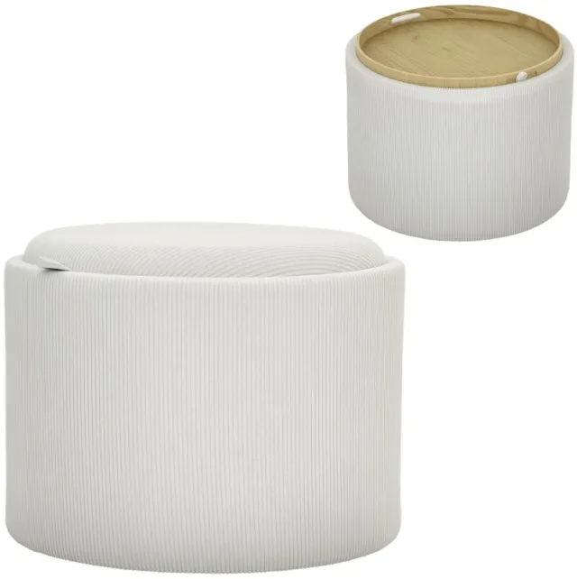 REDOM Opbergpoef - Met Deksel En Omkeerbaar Blad - Rond - Voor Woonkamer - Polyester - Crèmewit - Ø56 X 42 Cm Romig wit
