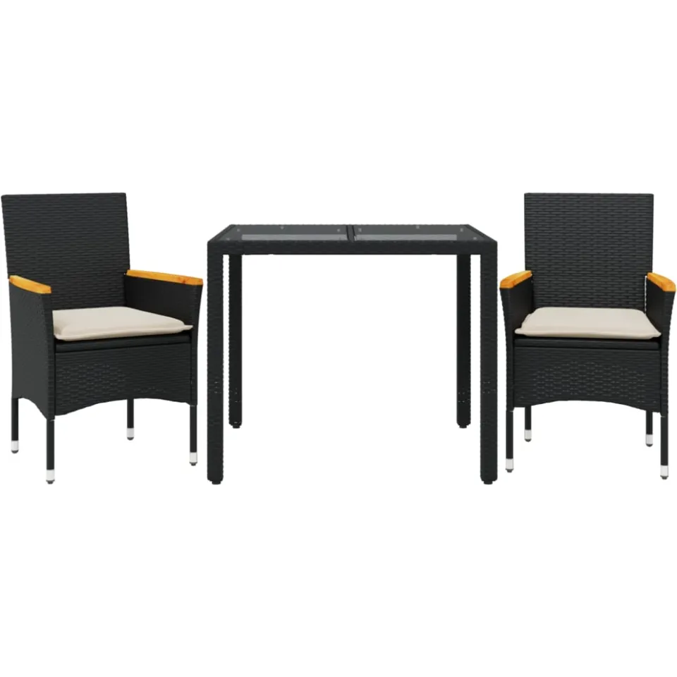 vidaXL 3-delige Tuinset met kussens poly rattan en glas zwart, foto 3