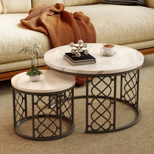 MODENUIT Salontafel Set 2 - Hartvormige Nestbaar - Met Hittebestendig En Krasbestendig Tafelblad - MDF Marmerlook Met Metalen Frame - Zwart Wit Wit + Zwart