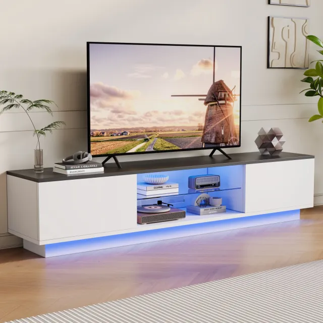 Yelenaro TV Meubel met led-verlichting, Met 2 Deuren En Open Vak, 160x32x35cm, Voor Televisie Tot 65 Inch, Moderne Tv-kast, Zwart en wit