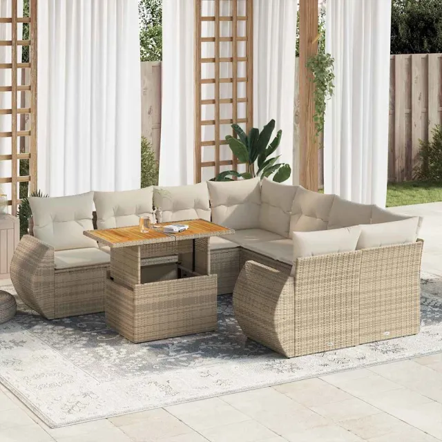 vidaXL 9-delige Loungeset met kussens poly rattan beige, foto 2