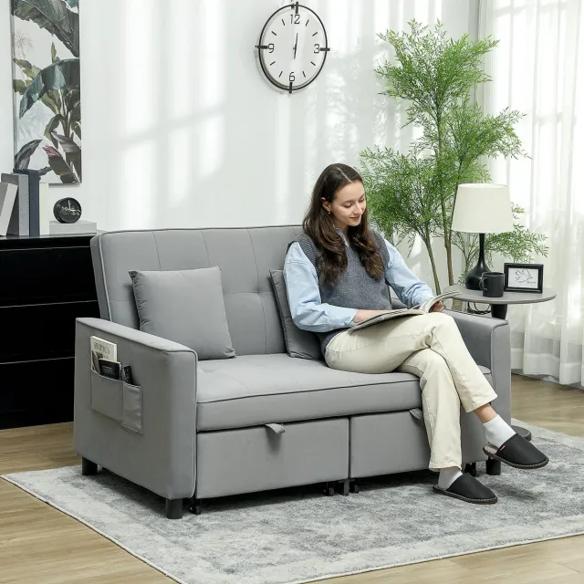 Wishdor Slaapbank - 4-In-1 Met Verstelbare Rugleuning En Uitschuiffunctie - Strak Ontwerp - Voor Woonkamer Of Logeerkamer - Polyester - Grijs - 140,5 X 90,5 X 89 Cm